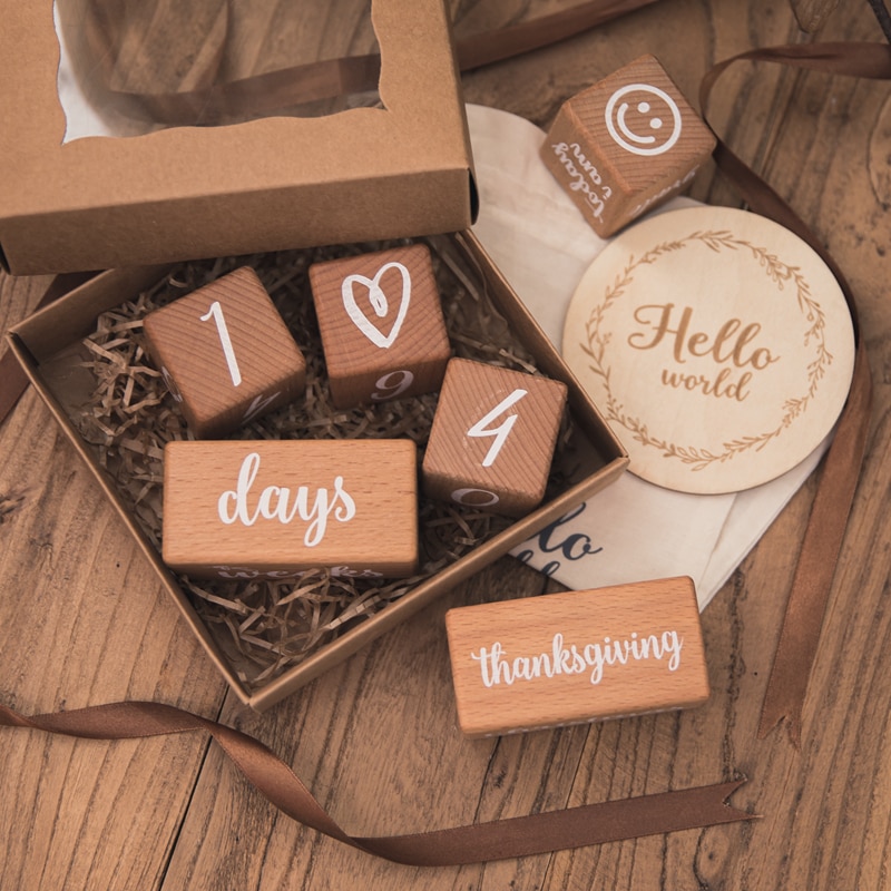 6Pcs/1Set Baby Milestone Beech Block Square Engraved Newborn Birth Month Birthday Milestones Block Photography Tool Accessories